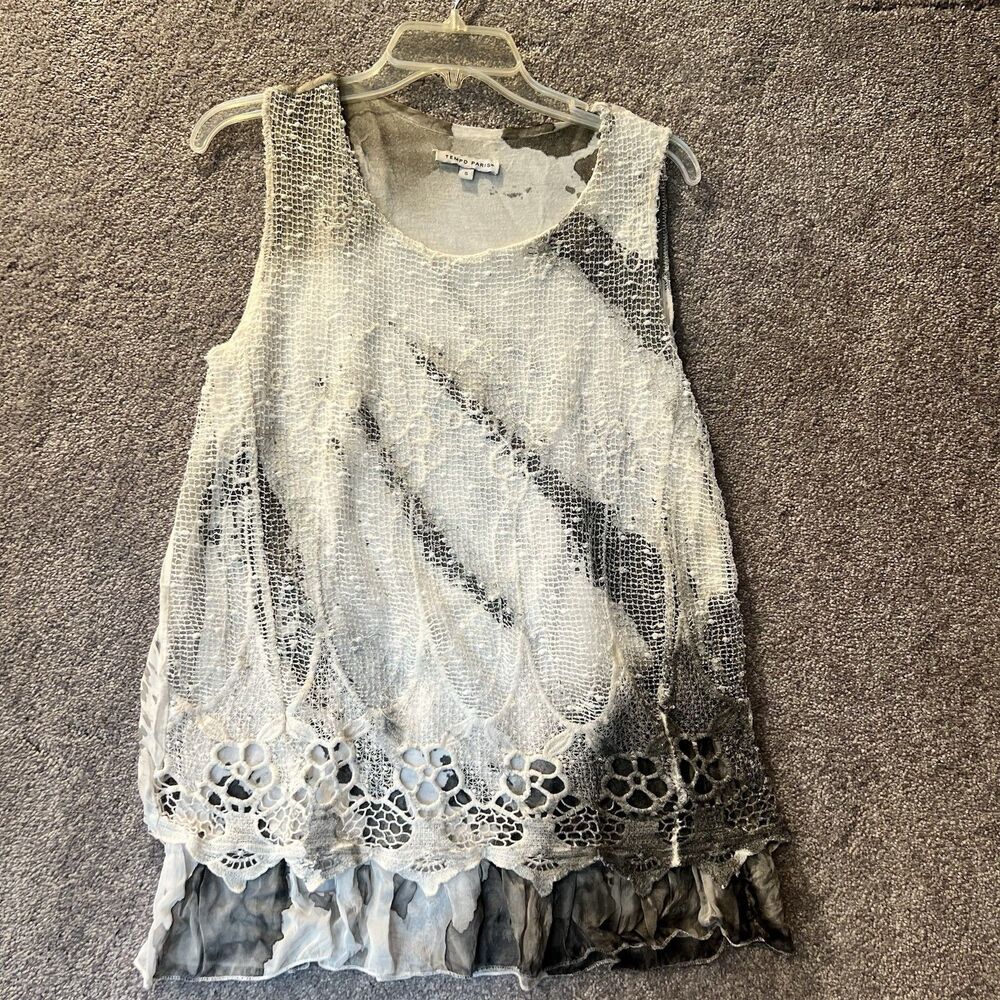 Tempo Paris Silk Lagenlook Crochet Overlay Layered Tunic Top Made in Italy Small